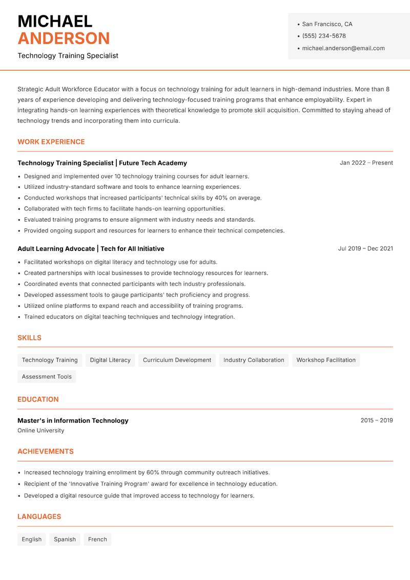 Adult Workforce Educator resume template — Modern Professional
