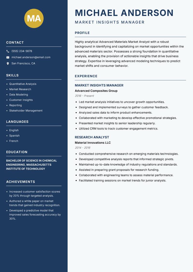 Advanced Materials Market Analyst resume template — Classic Clean
