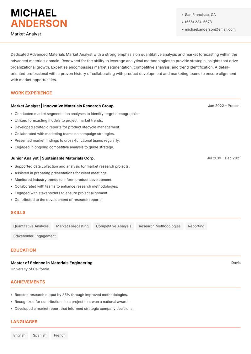 Advanced Materials Market Analyst resume template — Modern Professional