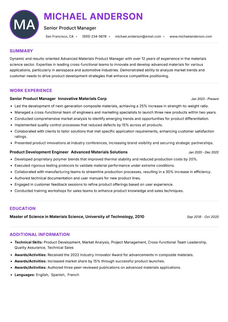 Advanced Materials Product Manager resume example — ATS-friendly template