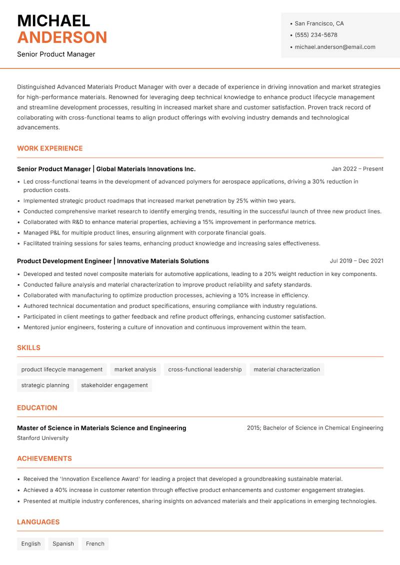 Advanced Materials Product Manager resume template — Modern Professional