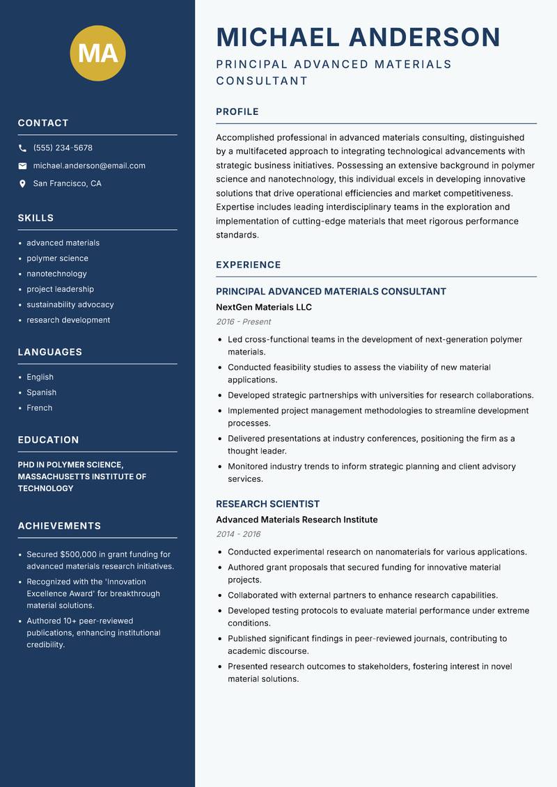 Advanced Materials Strategy Consultant resume template — Classic Clean