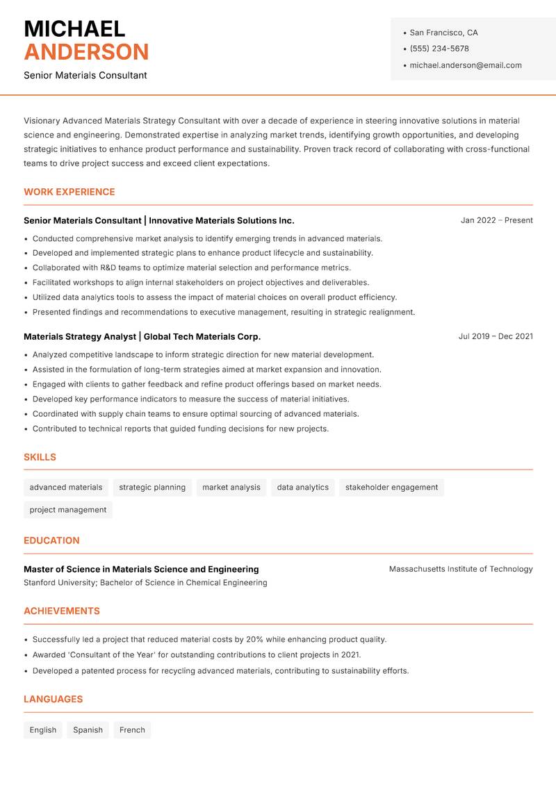 Advanced Materials Strategy Consultant resume template — Modern Professional