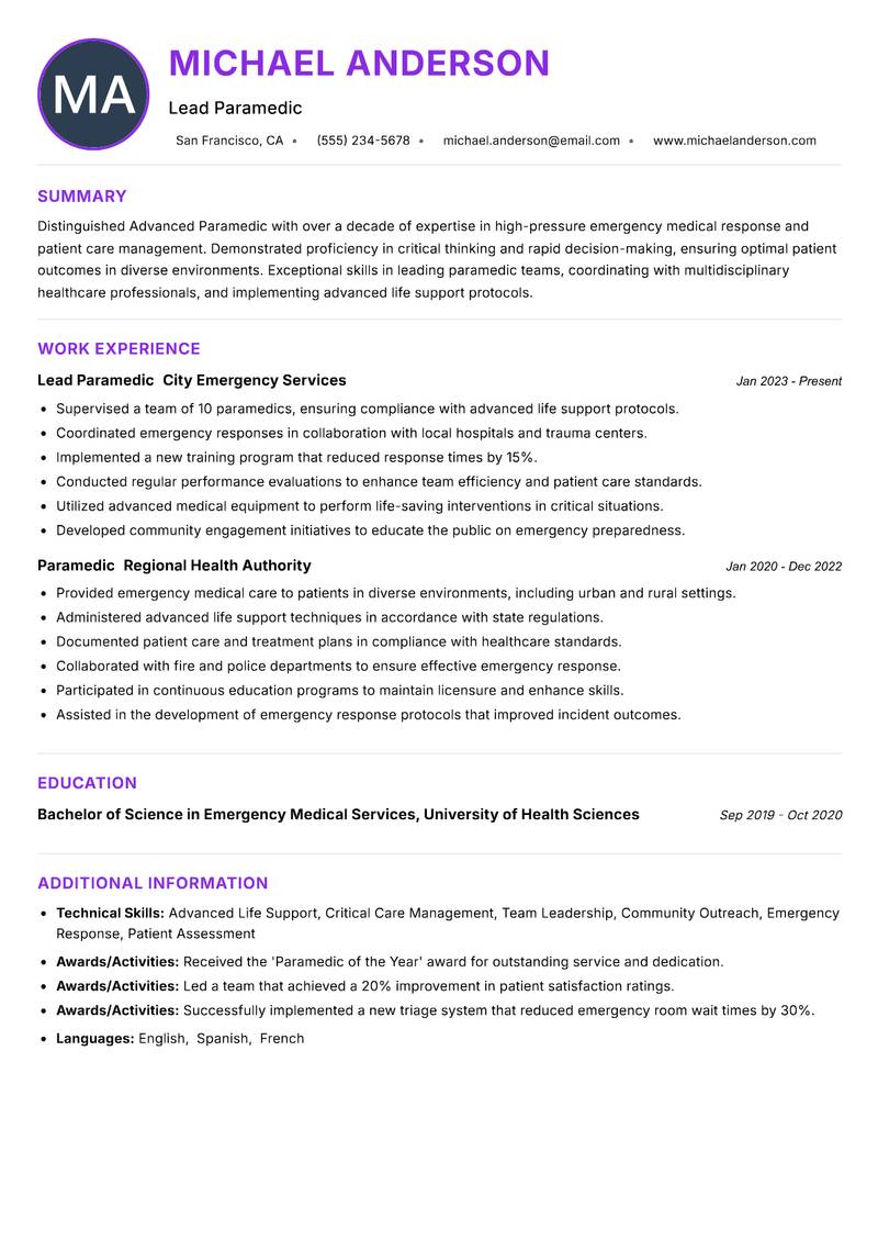 Advanced Paramedic resume example — Emergency Services