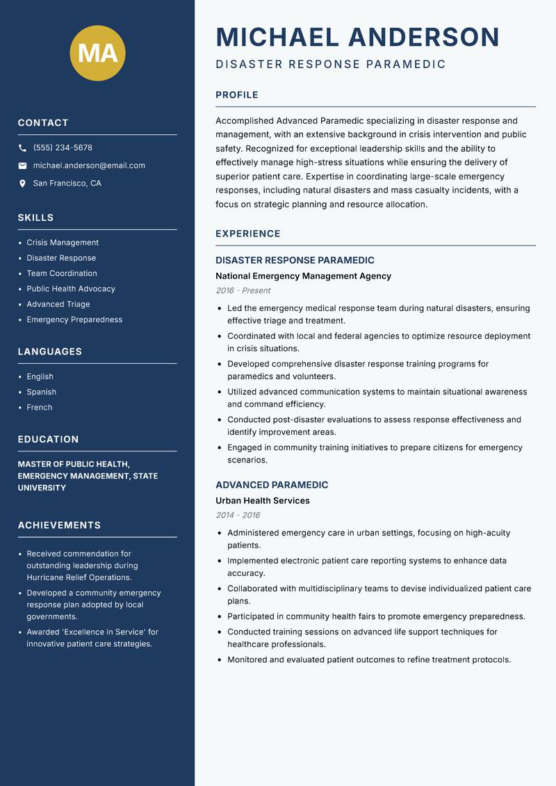Advanced Paramedic resume template — Classic Clean