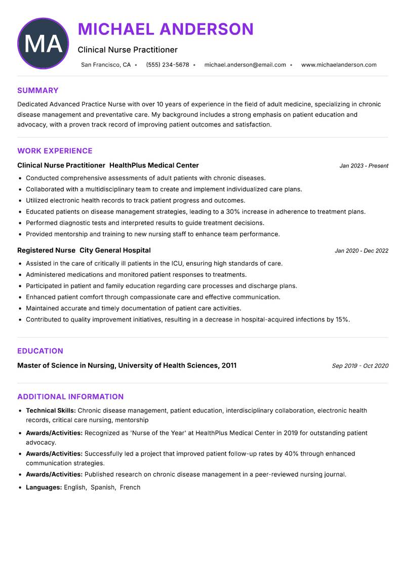 Advanced Practice Nurse resume example — Nursing