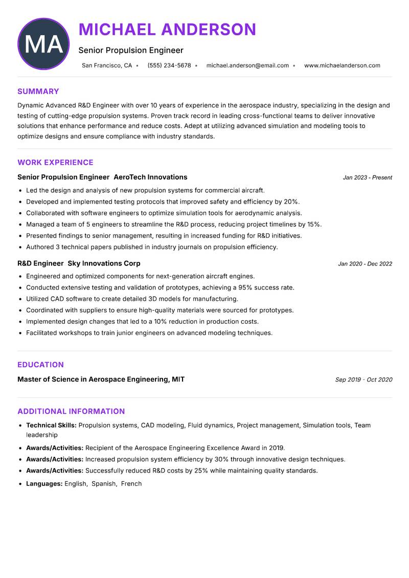 Advanced R&D Engineer resume example — Emerging Technologies