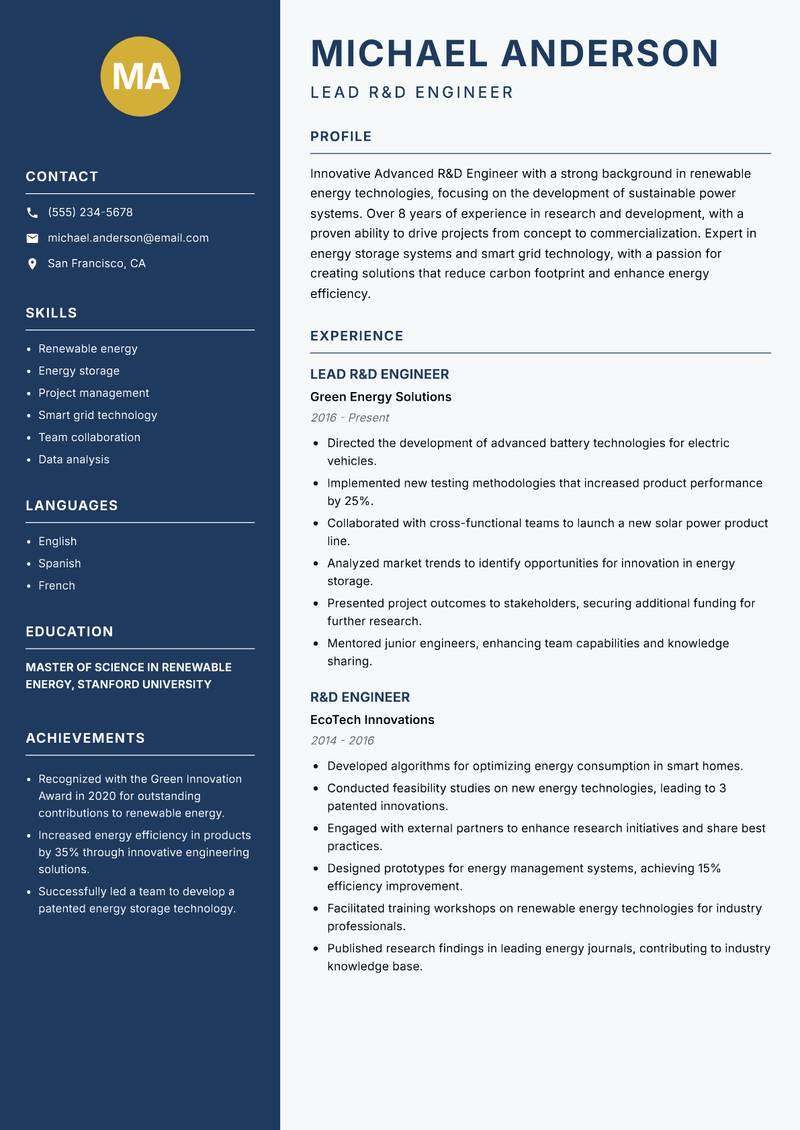 Advanced R&D Engineer resume template — Classic Clean