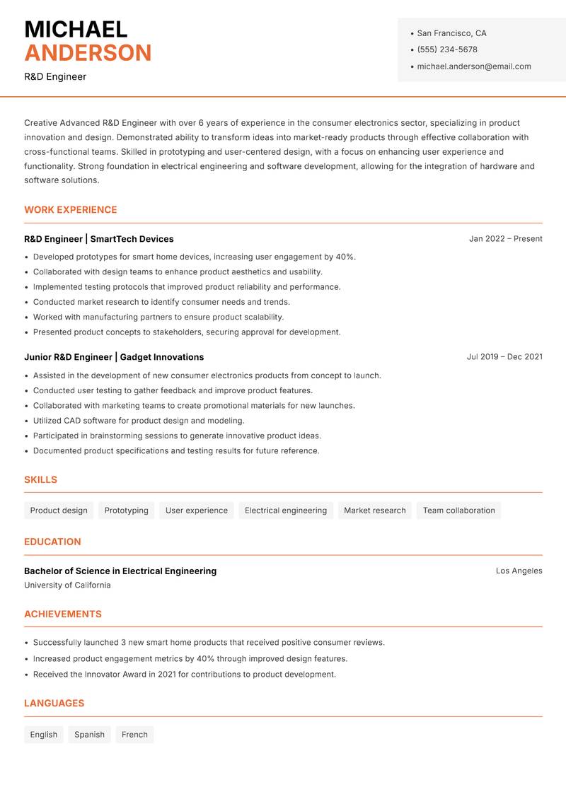 Advanced R&D Engineer resume template — Modern Professional