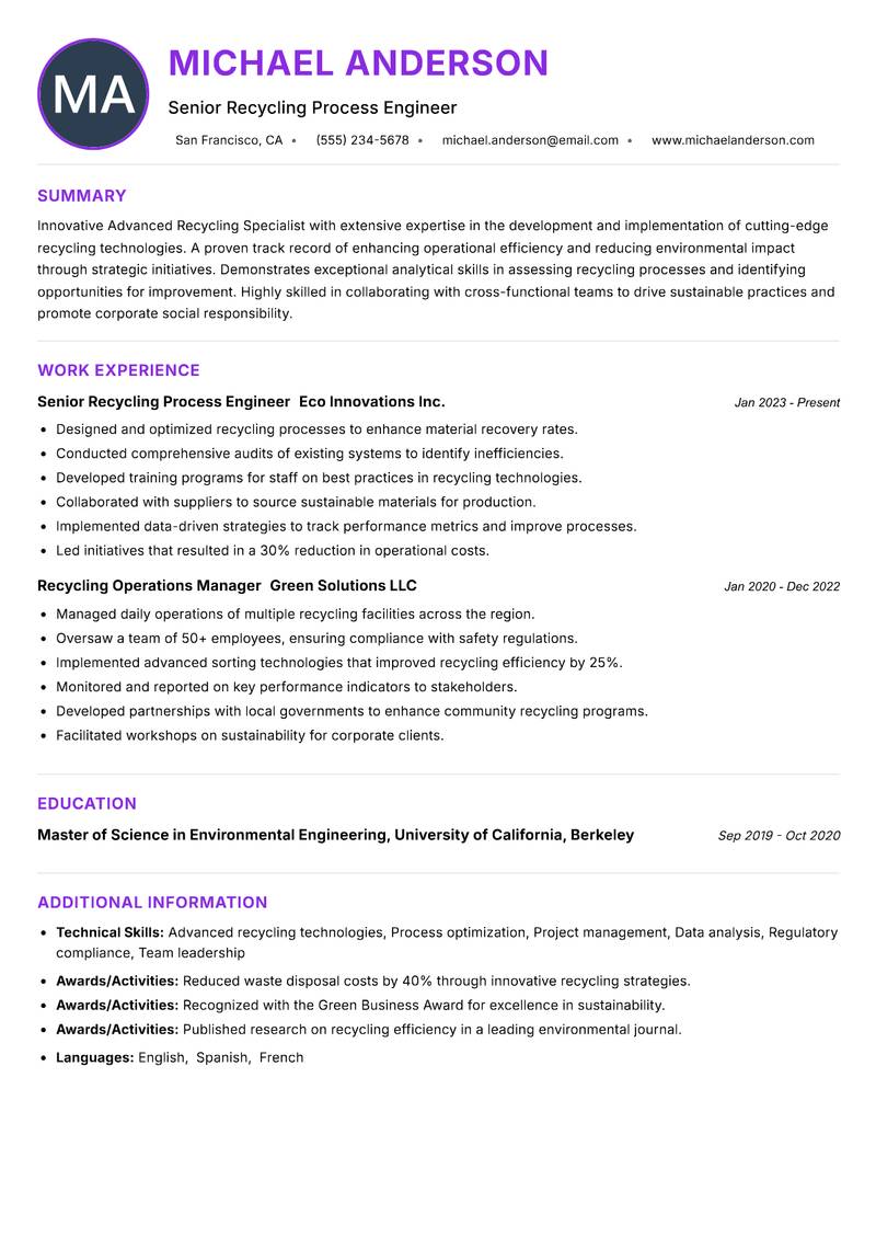 Advanced Recycling Specialist resume example — Clean Technology
