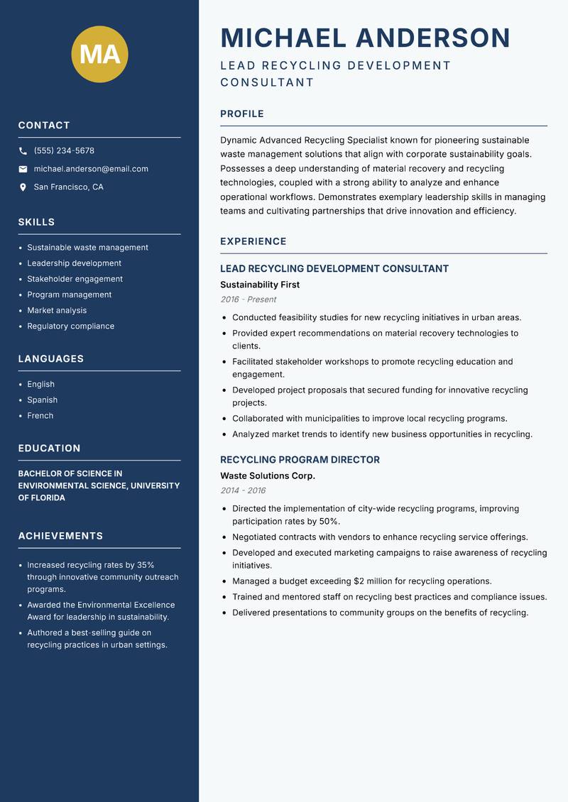 Advanced Recycling Specialist resume template — Classic Clean