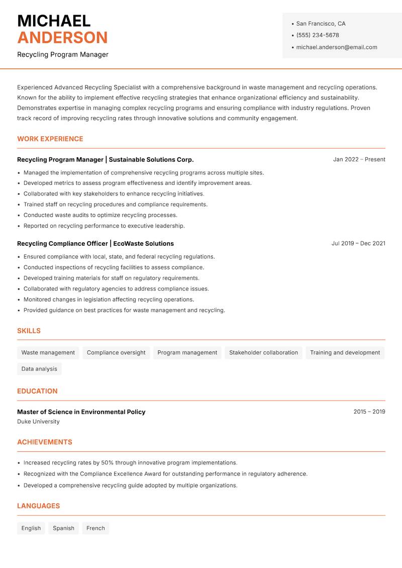 Advanced Recycling Specialist resume template — Modern Professional