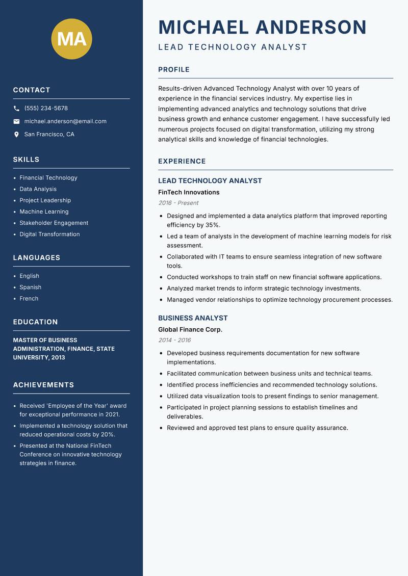 Advanced Technology Analyst resume template — Classic Clean