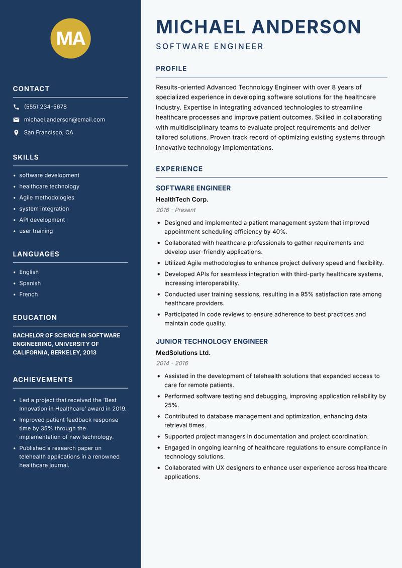 Advanced Technology Engineer resume template — Classic Clean