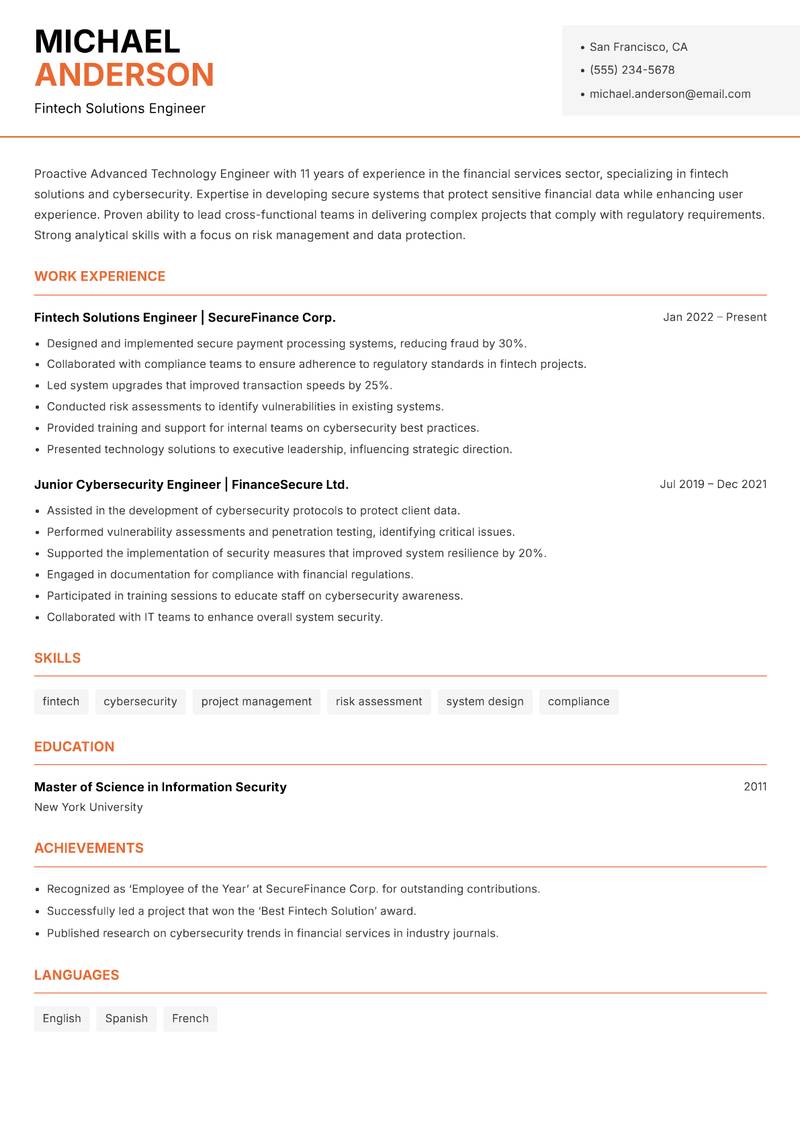 Advanced Technology Engineer resume template — Modern Professional