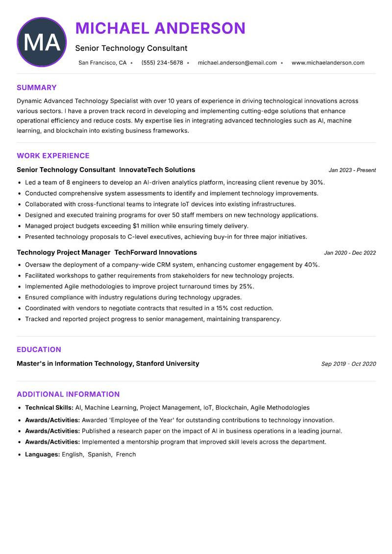 Advanced Technology Specialist resume example — ATS-friendly template