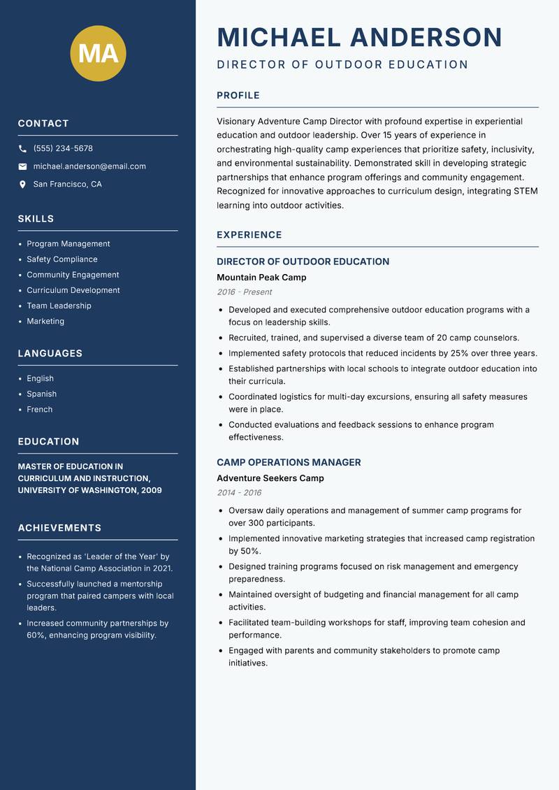 Adventure Camp Director resume template — Classic Clean