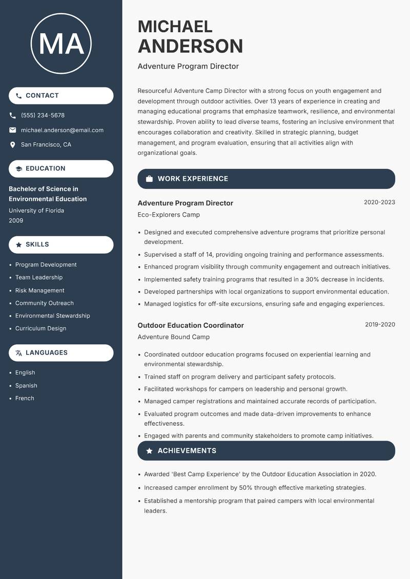 Adventure Camp Director resume template — Compact