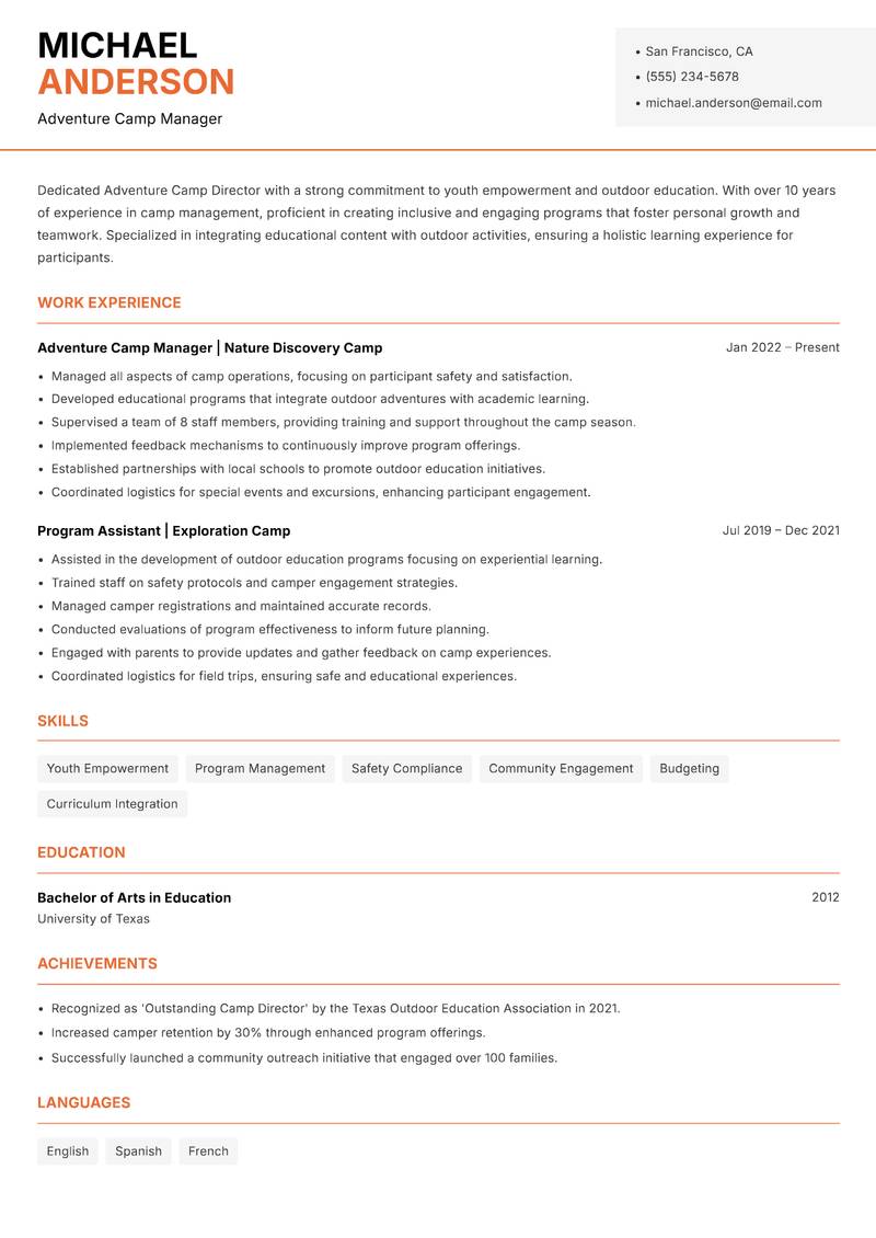Adventure Camp Director resume template — Modern Professional