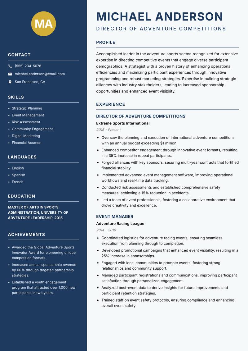 Adventure Competition Director resume template — Classic Clean