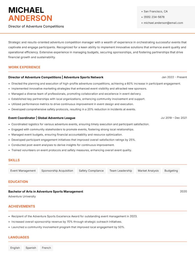 Adventure Competition Director resume template — Modern Professional