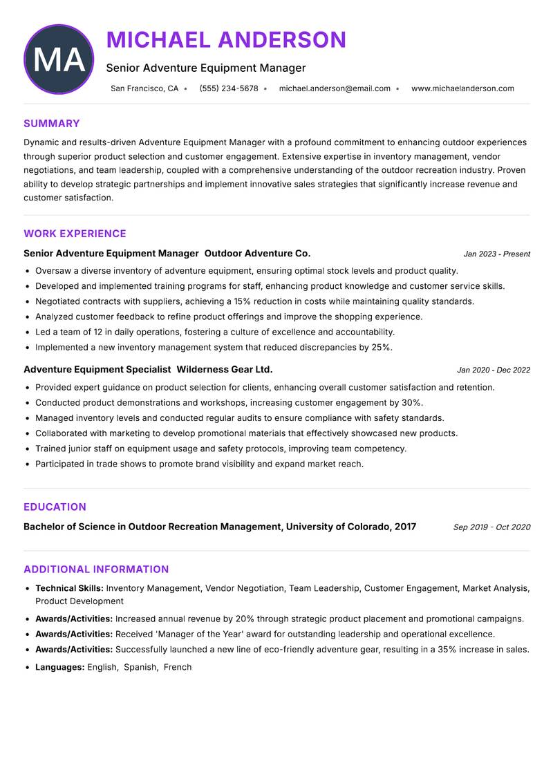 Adventure Equipment Manager resume example — ATS-friendly template
