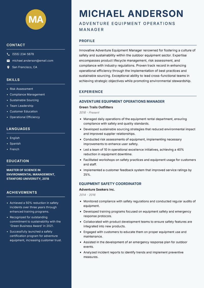 Adventure Equipment Manager resume template — Classic Clean