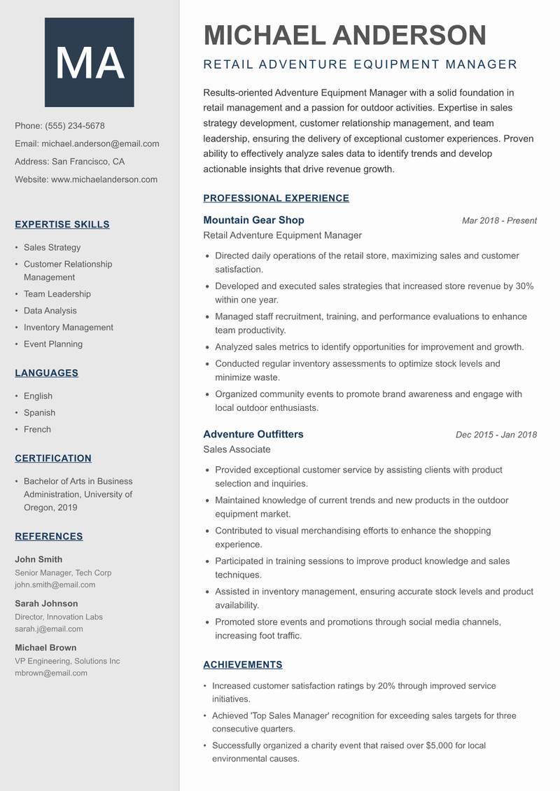 Adventure Equipment Manager resume template — Creative Minimal