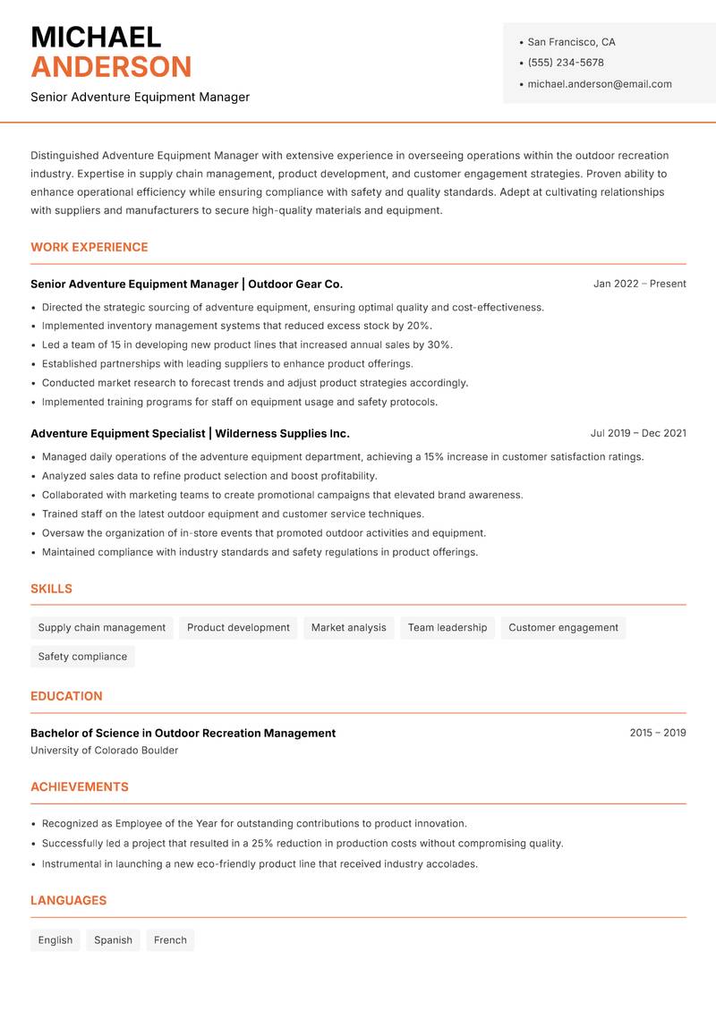 Adventure Equipment Manager resume template — Modern Professional