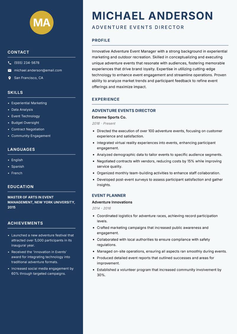 Adventure Event Manager resume template — Classic Clean