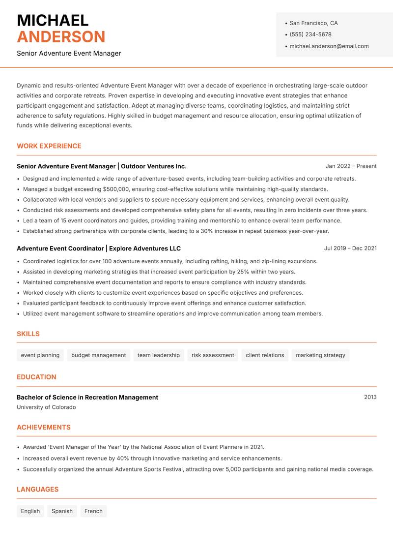 Adventure Event Manager resume template — Modern Professional
