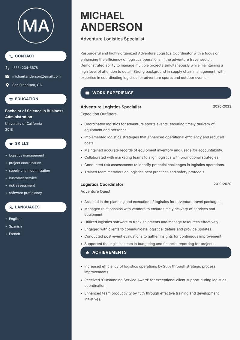 Adventure Logistics Coordinator resume template — Compact