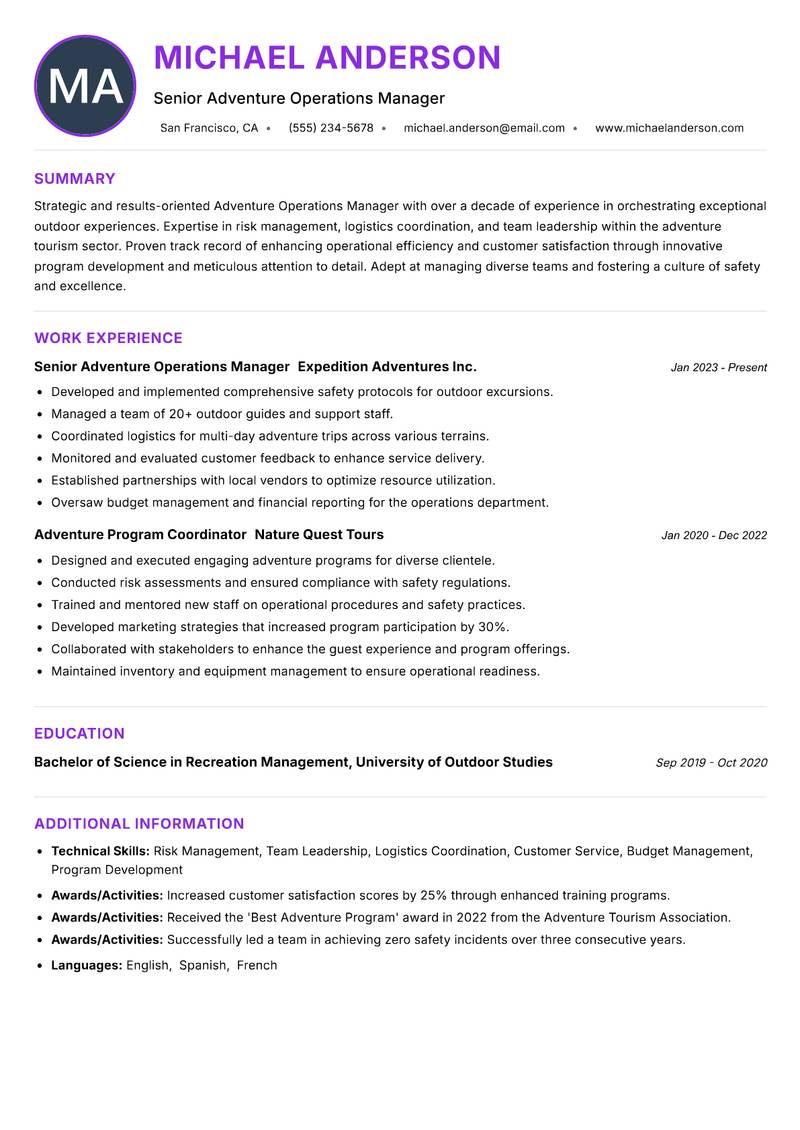Adventure Operations Manager resume example — ATS-friendly template