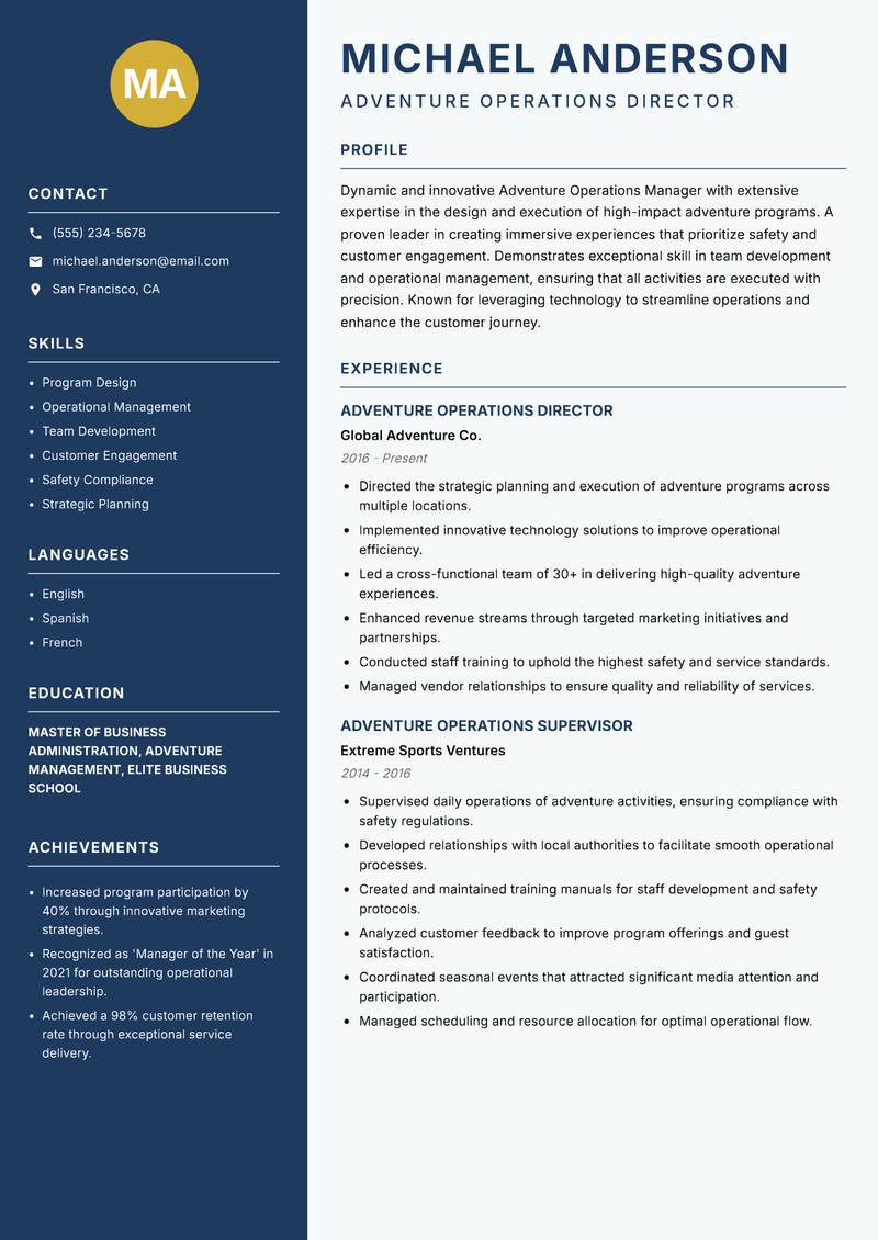 Adventure Operations Manager resume template — Classic Clean