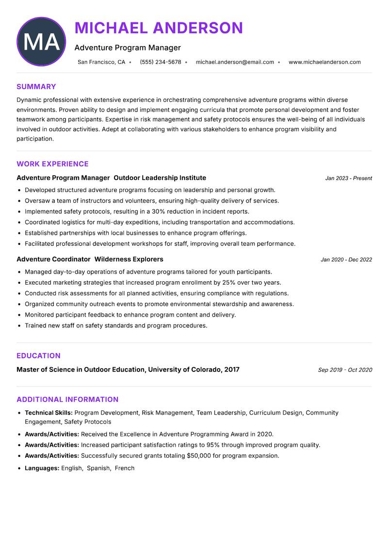Adventure Program Coordinator resume example — ATS-friendly template