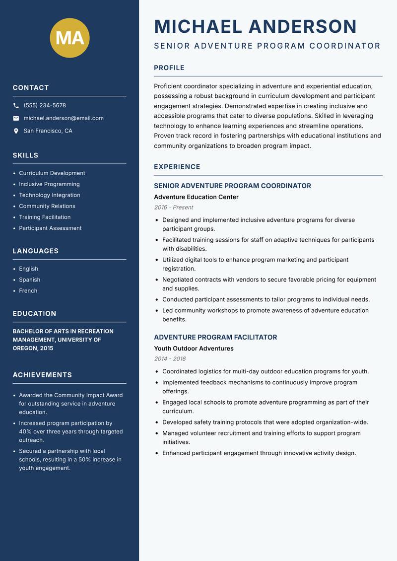 Adventure Program Coordinator resume template — Classic Clean