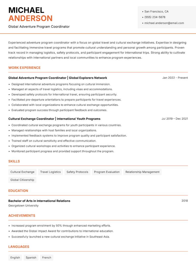 Adventure Program Coordinator resume template — Modern Professional