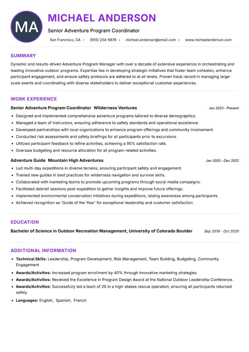 Adventure Program Manager resume example — ATS-friendly template