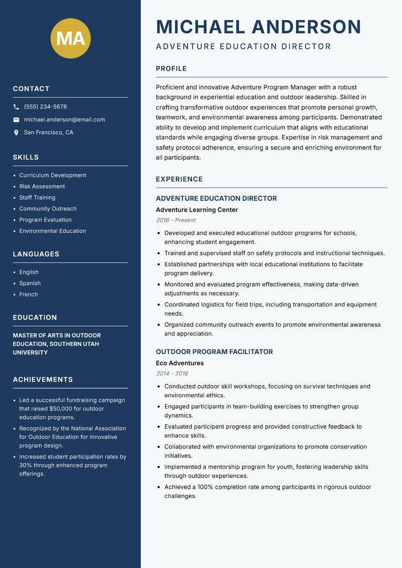Adventure Program Manager resume template — Classic Clean