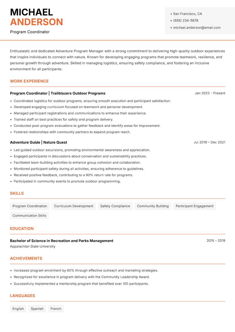 Adventure Program Manager resume template — Modern Professional