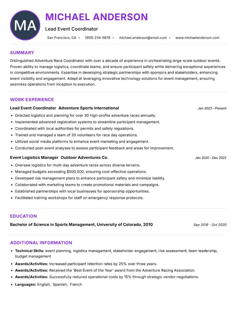 Adventure Race Coordinator resume example — ATS-friendly template