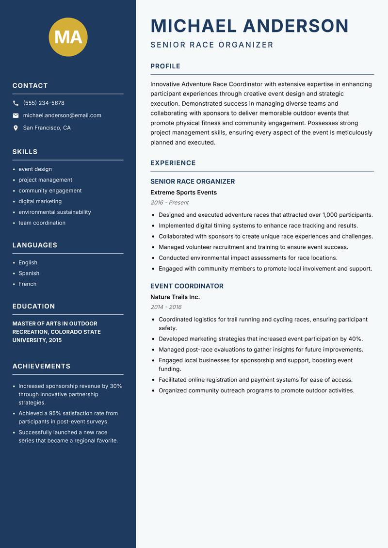 Adventure Race Coordinator resume template — Classic Clean