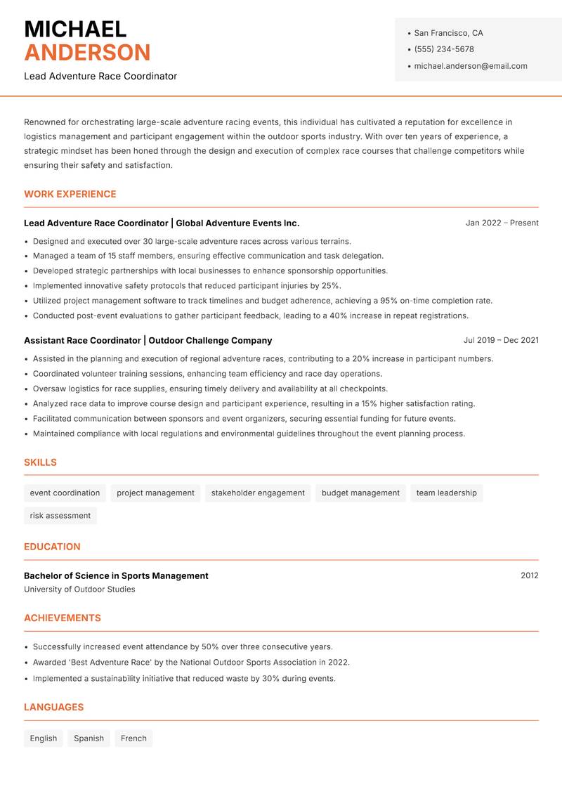 Adventure Race Coordinator resume template — Modern Professional