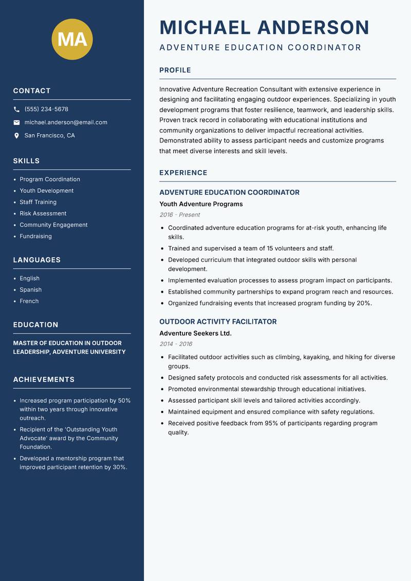 Adventure Recreation Consultant resume template — Classic Clean