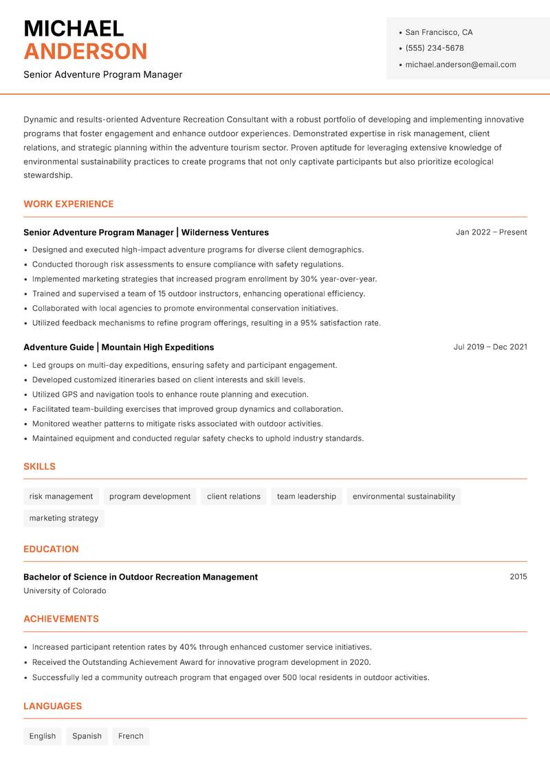 Adventure Recreation Consultant resume template — Modern Professional