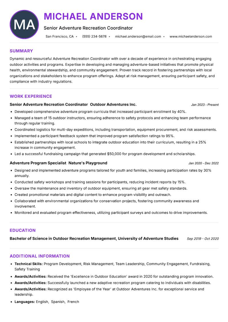 Adventure Recreation Coordinator resume example — ATS-friendly template