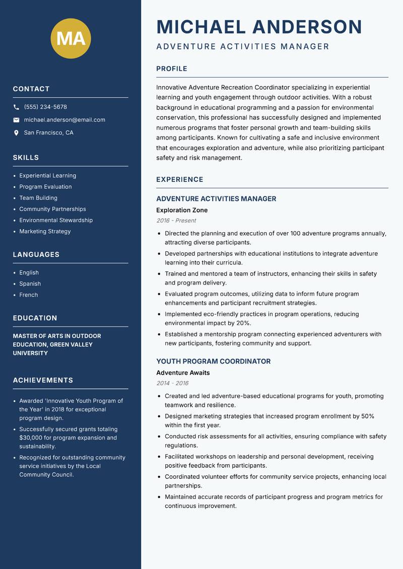 Adventure Recreation Coordinator resume template — Classic Clean