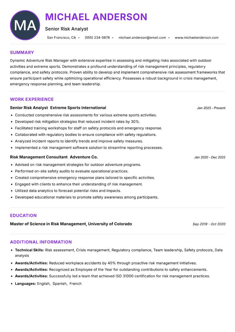 Adventure Risk Manager resume example — ATS-friendly template