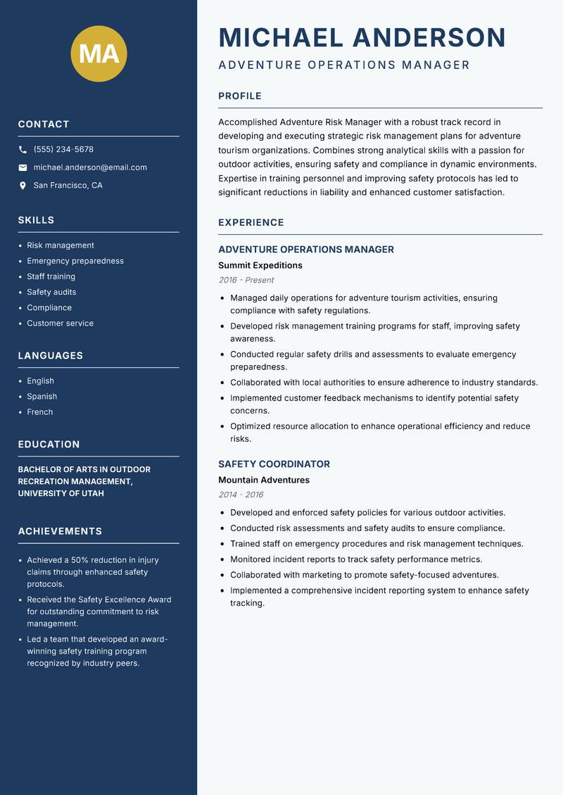 Adventure Risk Manager resume template — Classic Clean