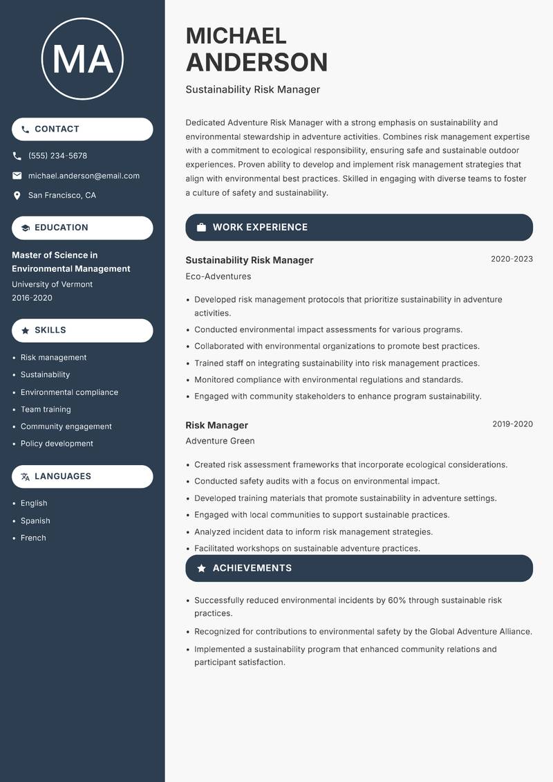 Adventure Risk Manager resume template — Compact